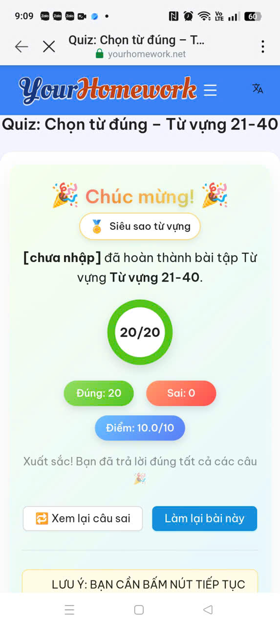 Bài làm 02: Từ vựng 21–40, đúng 20/20 câu, điểm 10/10