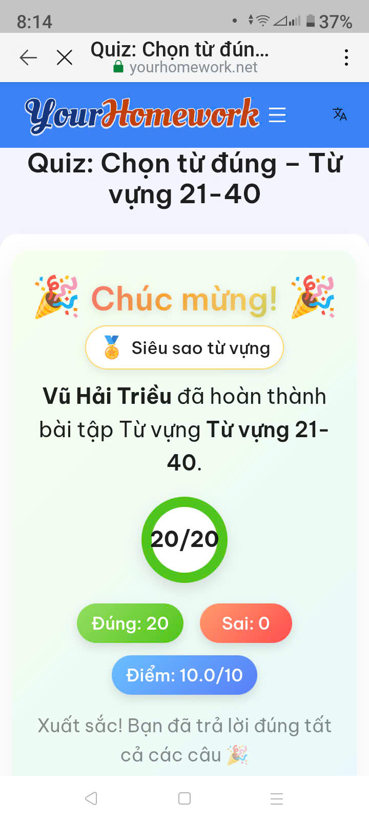 Vũ Hải Triều: Từ vựng 21–40, đúng 20/20 câu, điểm 10/10