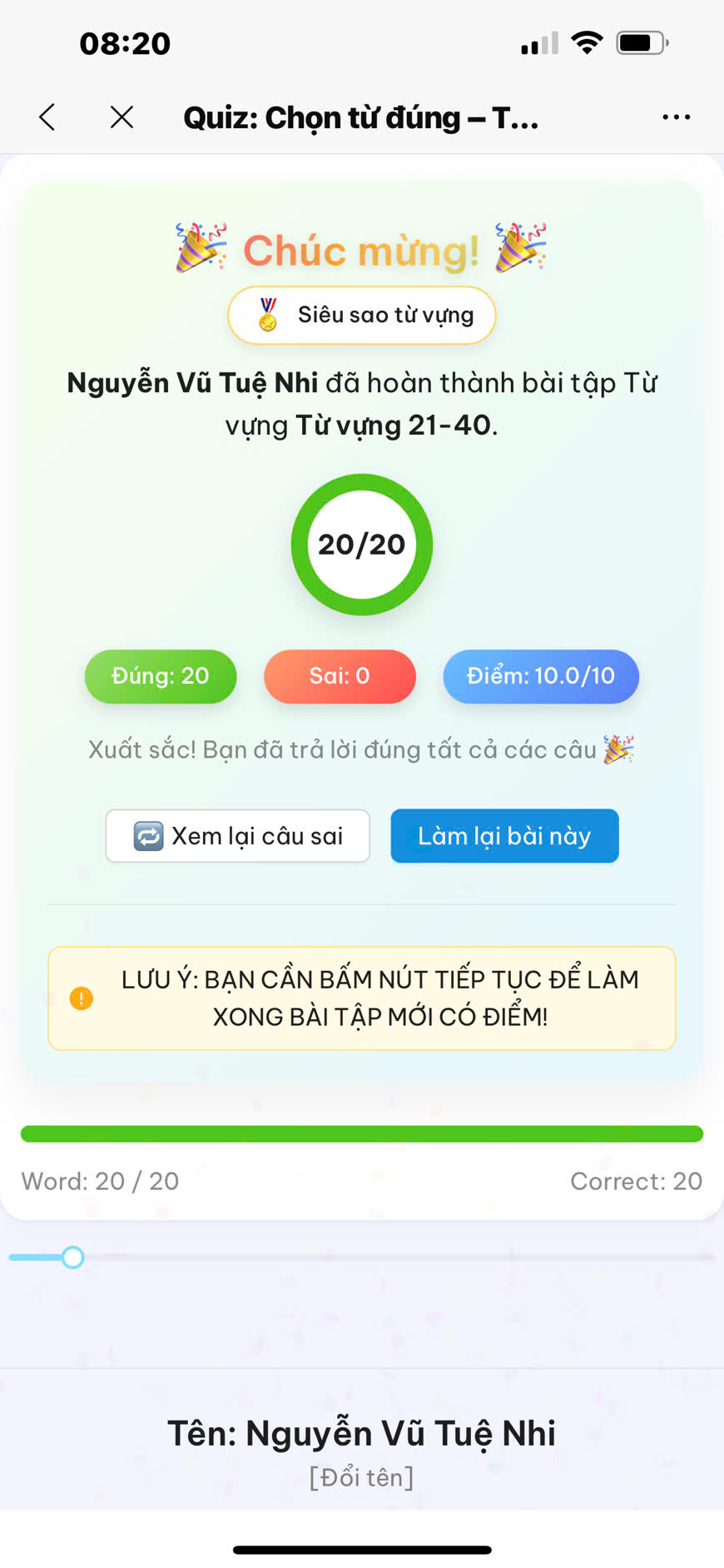 Nguyễn Vũ Tuệ Nhi: Từ vựng 21–40, đúng 20/20 câu, điểm 10/10