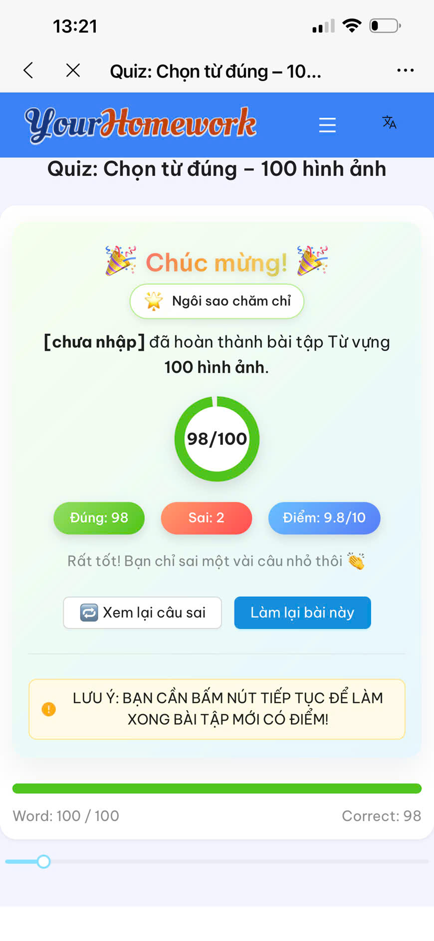 Bài làm 05: 100 hình ảnh, đúng 98/100 câu, điểm 9,8/10
