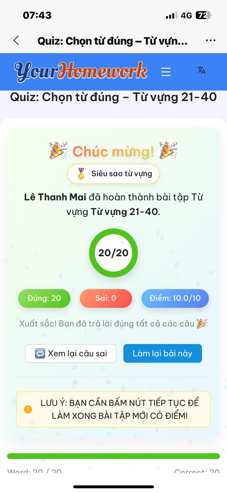 Lê Thanh Mai: Từ vựng 21–40, đúng 20/20 câu, điểm 10/10