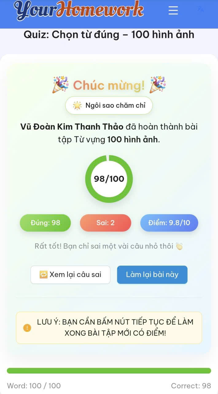Vũ Đoàn Kim Thanh Thảo: 100 hình ảnh, đúng 98/100 câu, điểm 9,8/10