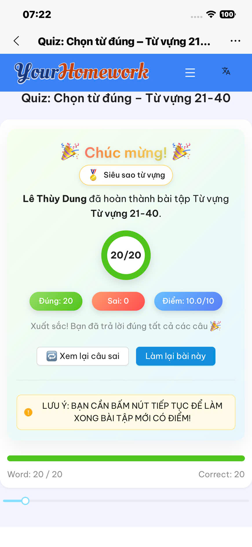 Lê Thùy Dung: Từ vựng 21–40, đúng 20/20 câu, điểm 10/10