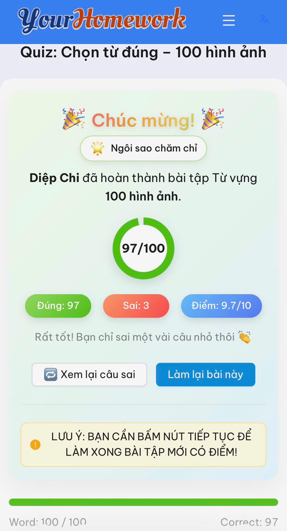 Diệp Chi: 100 hình ảnh, đúng 97/100 câu, điểm 9,7/10