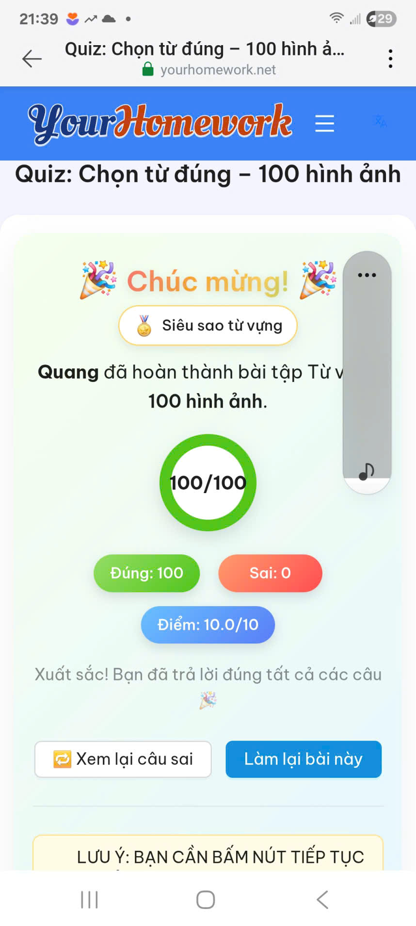 Quang: 100 hình ảnh, đúng 100/100 câu, điểm 10/10