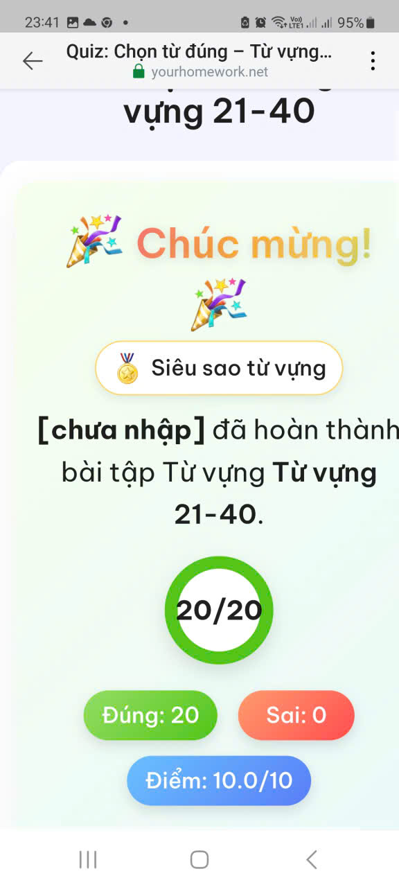 Bài làm 11: Từ vựng 21–40, đúng 20/20 câu, điểm 10/10