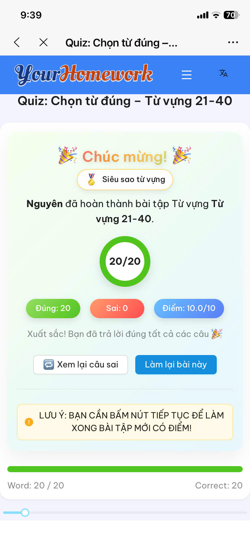 Nguyên: Từ vựng 21–40, đúng 20/20 câu, điểm 10/10