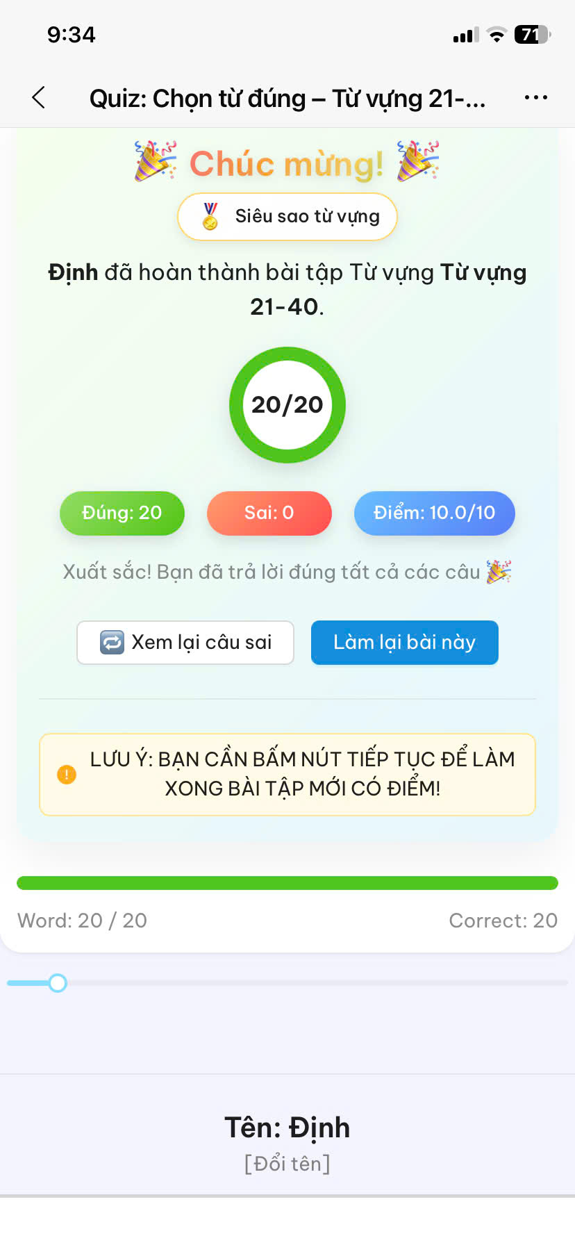 Định: Từ vựng 21–40, đúng 20/20 câu, điểm 10/10