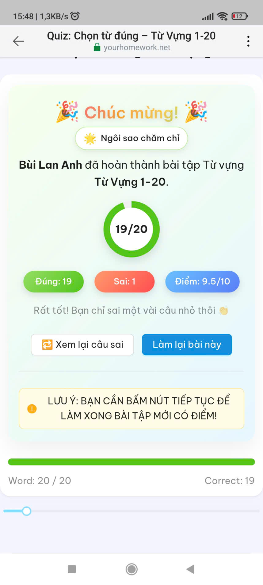 Bùi Lan Anh: Từ vựng 1–20, đúng 19/20 câu, điểm 9,5/10
