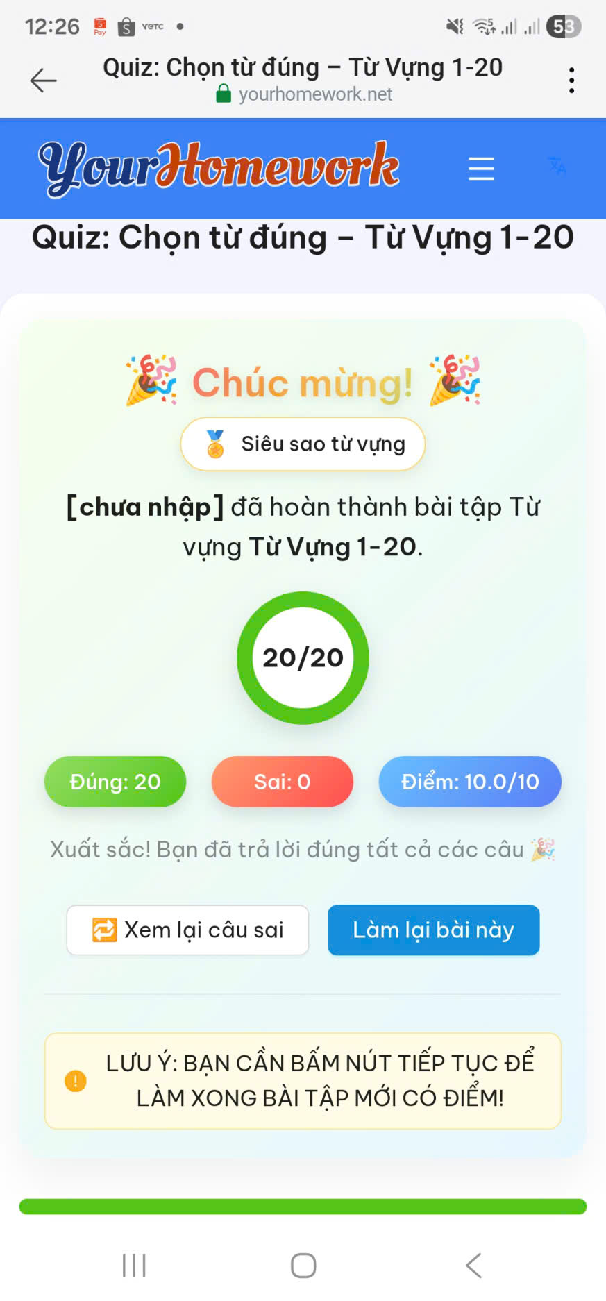 Bài làm 15: Từ vựng 1–20, đúng 20/20 câu, điểm 10/10