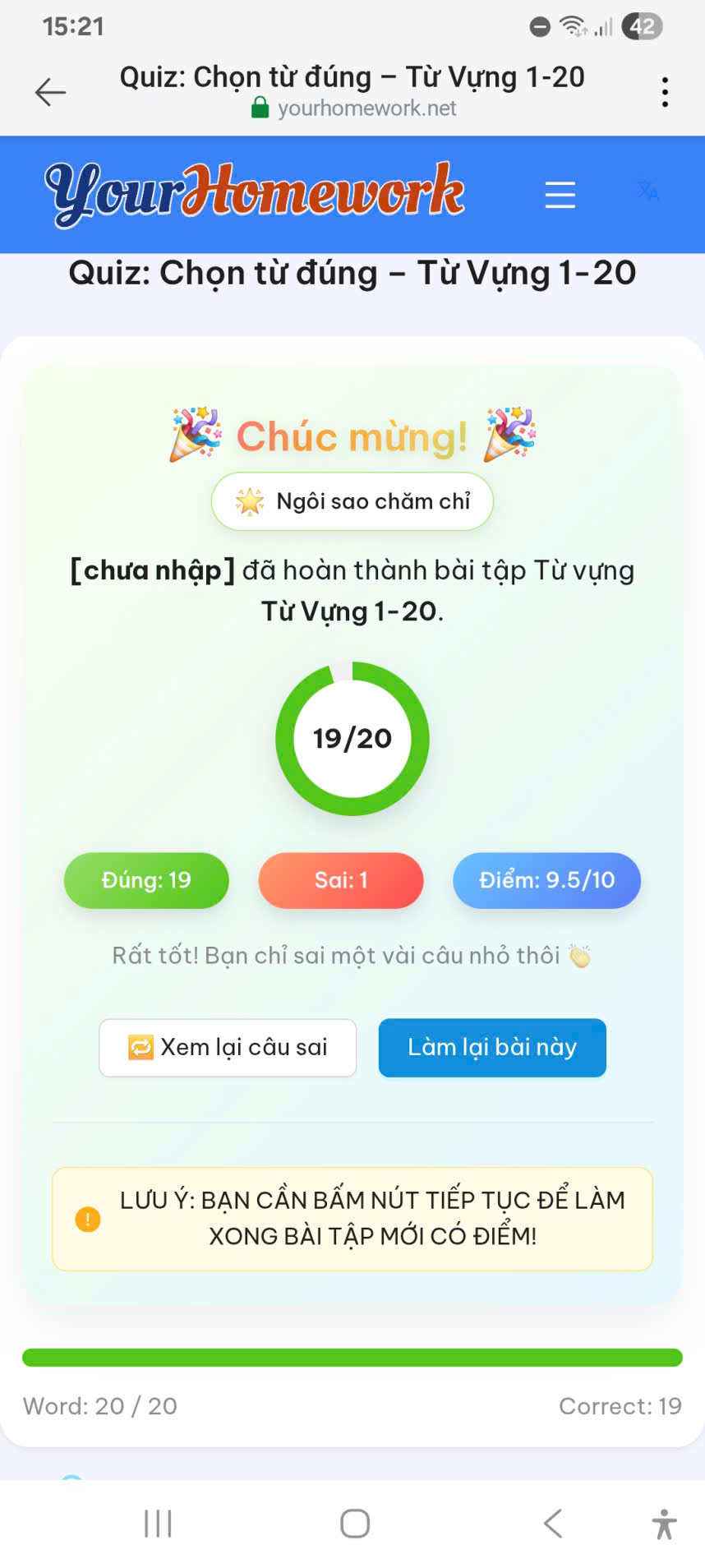 Bài làm 16: Từ vựng 1–20, đúng 19/20 câu, điểm 9,5/10