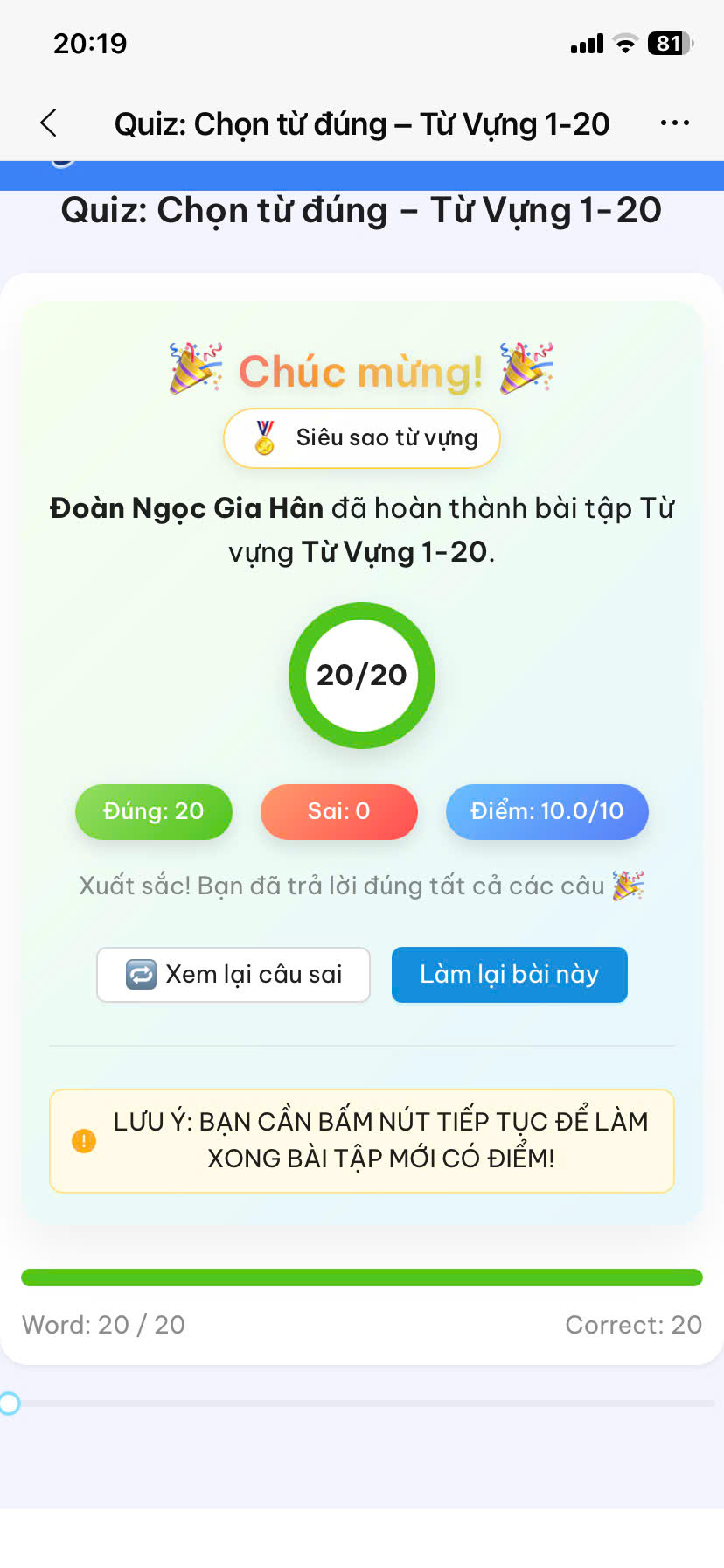 Đoàn Ngọc Gia Hân: Từ vựng 1–20, đúng 20/20 câu, điểm 10/10