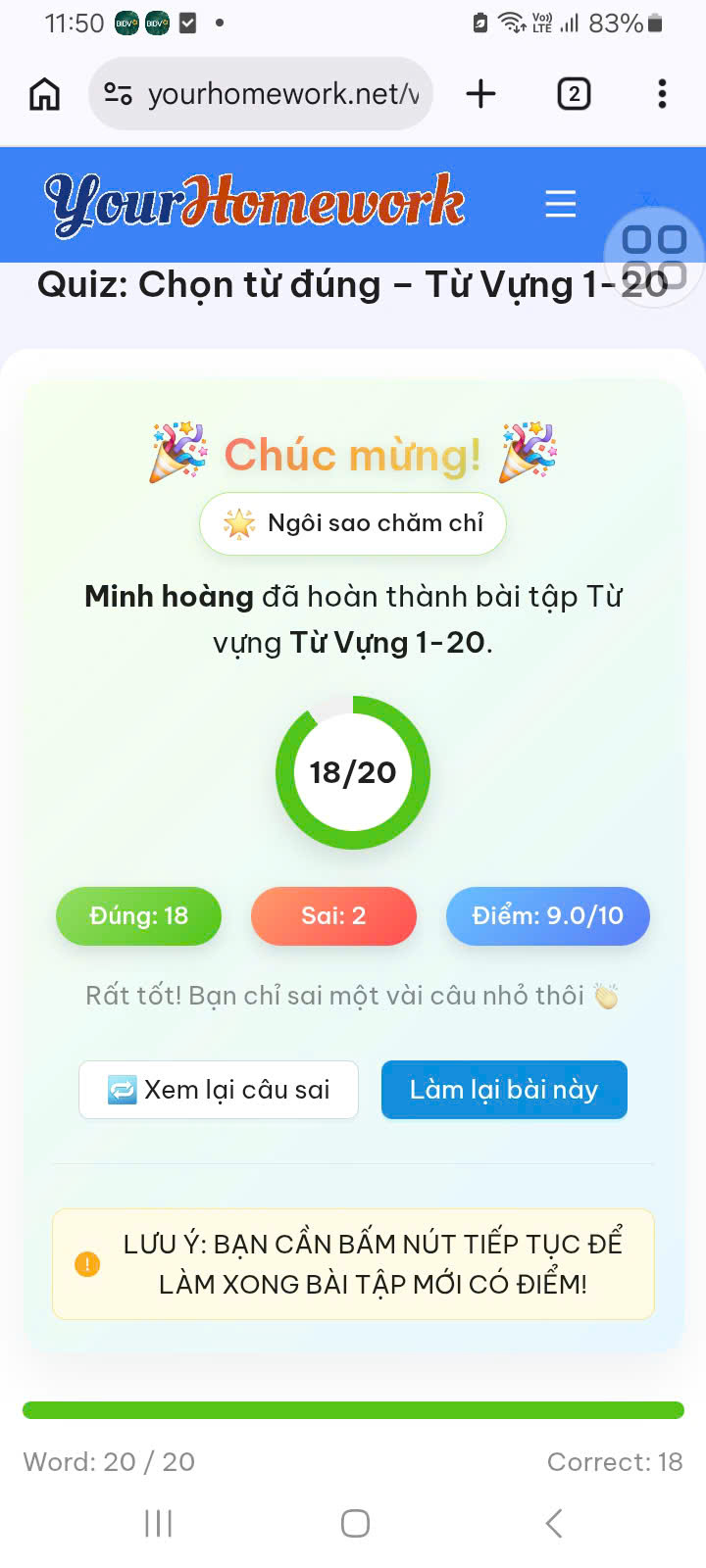 Minh Hoàng: Từ vựng 1–20, đúng 18/20 câu, điểm 9/10