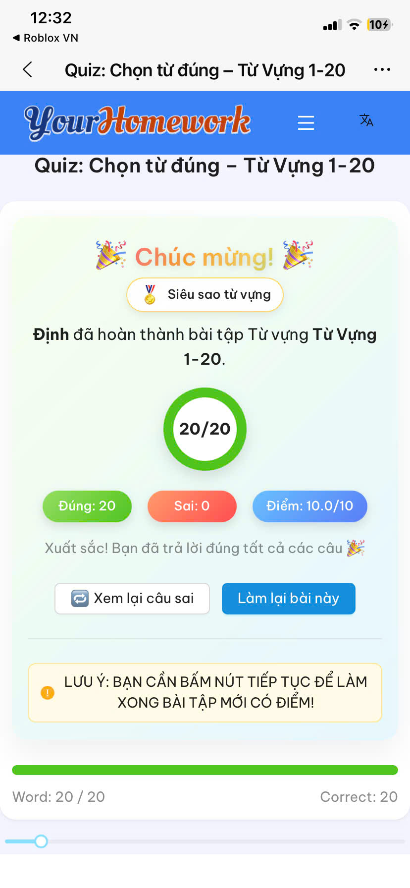 Định: Từ vựng 1–20, đúng 20/20 câu, điểm 10/10