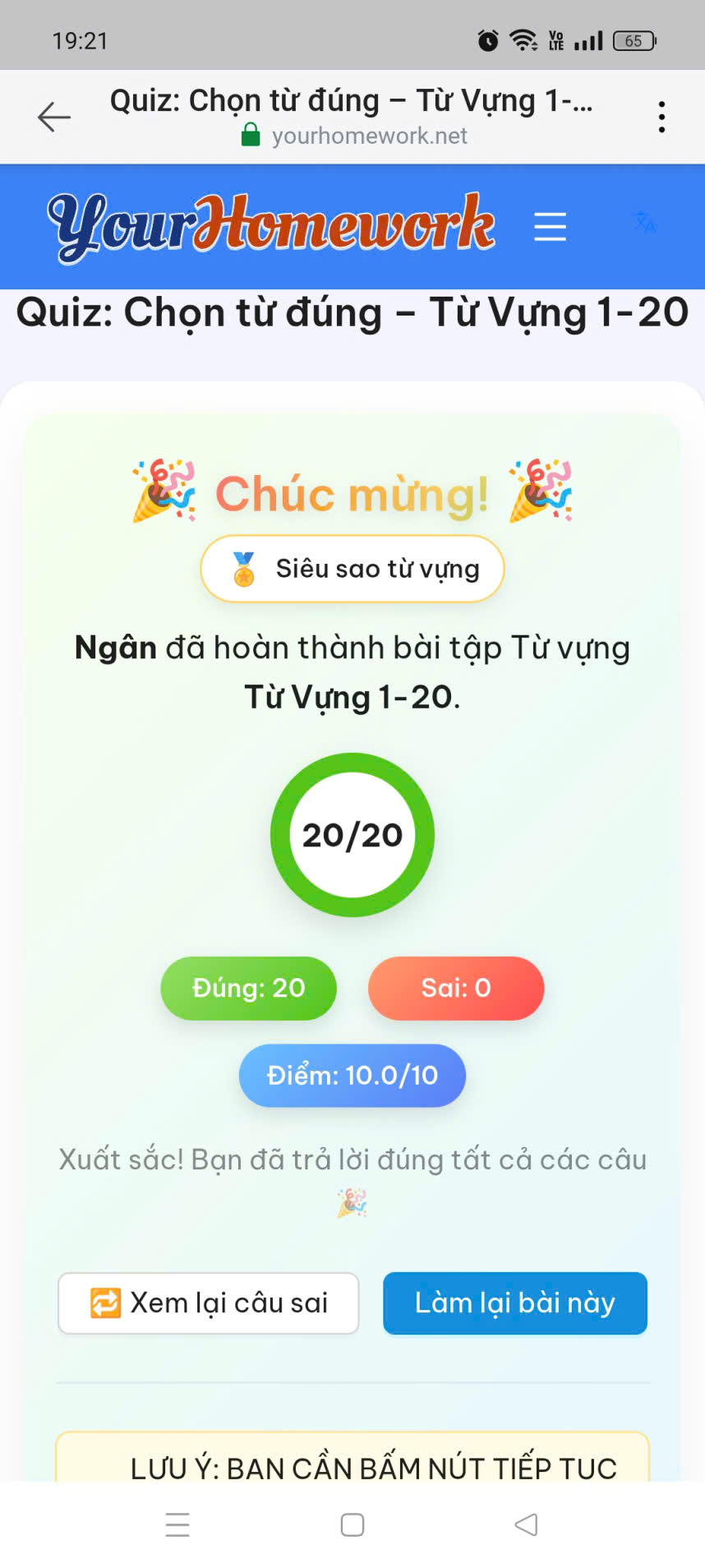 Ngân: Từ vựng 1–20, đúng 20/20 câu, điểm 10/10