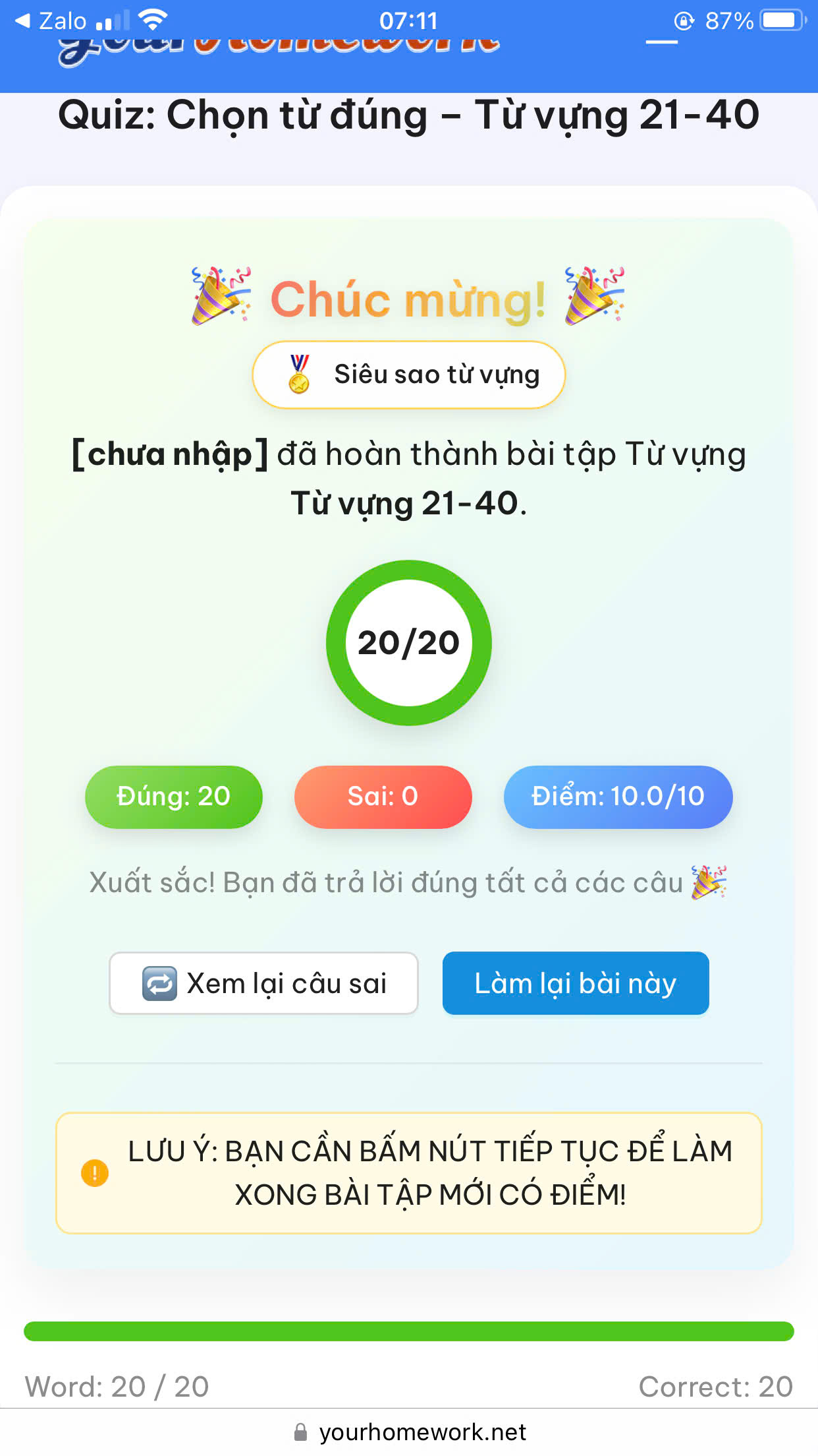 Bài làm 21: Từ vựng 21–40, đúng 20/20 câu, điểm 10/10