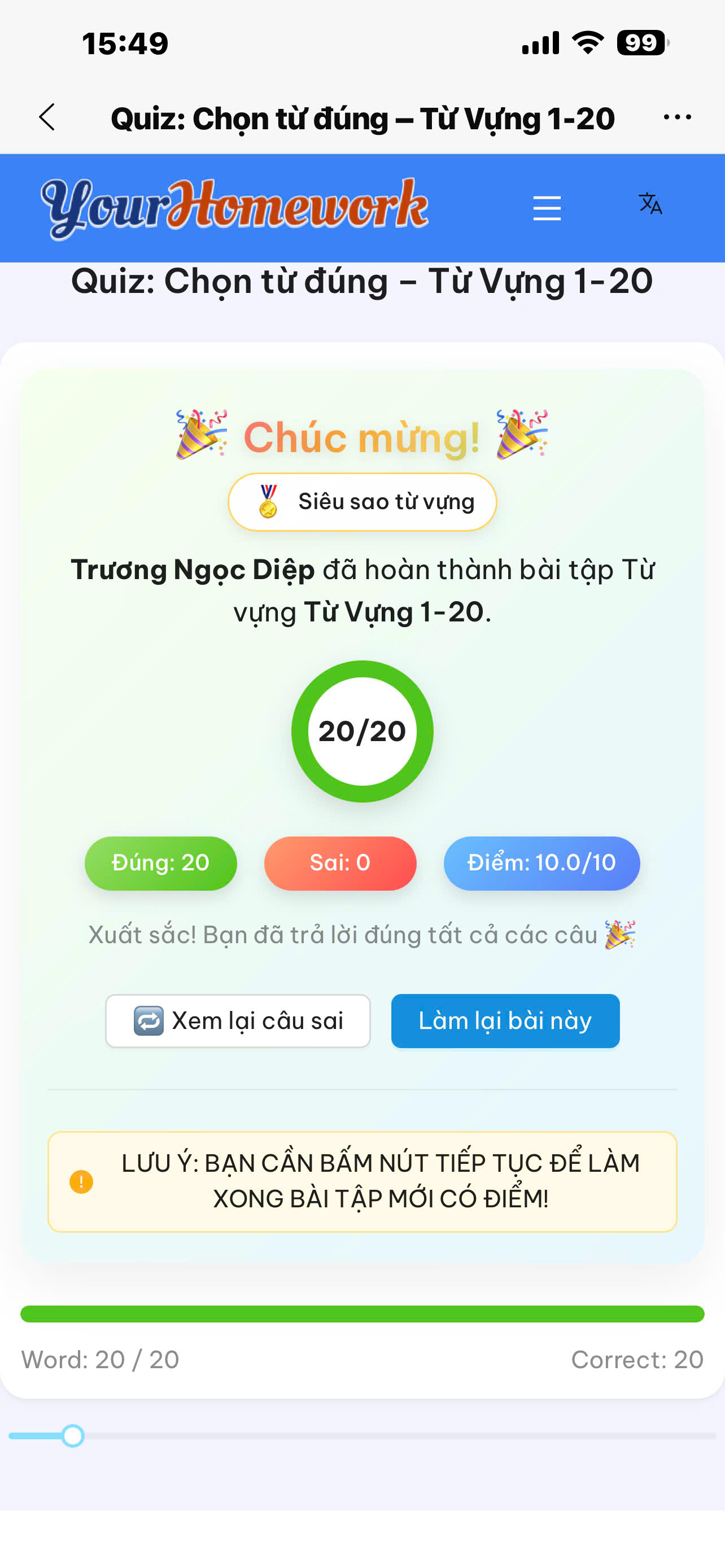 Trương Ngọc Diệp: Từ vựng 1–20, đúng 20/20 câu, điểm 10/10